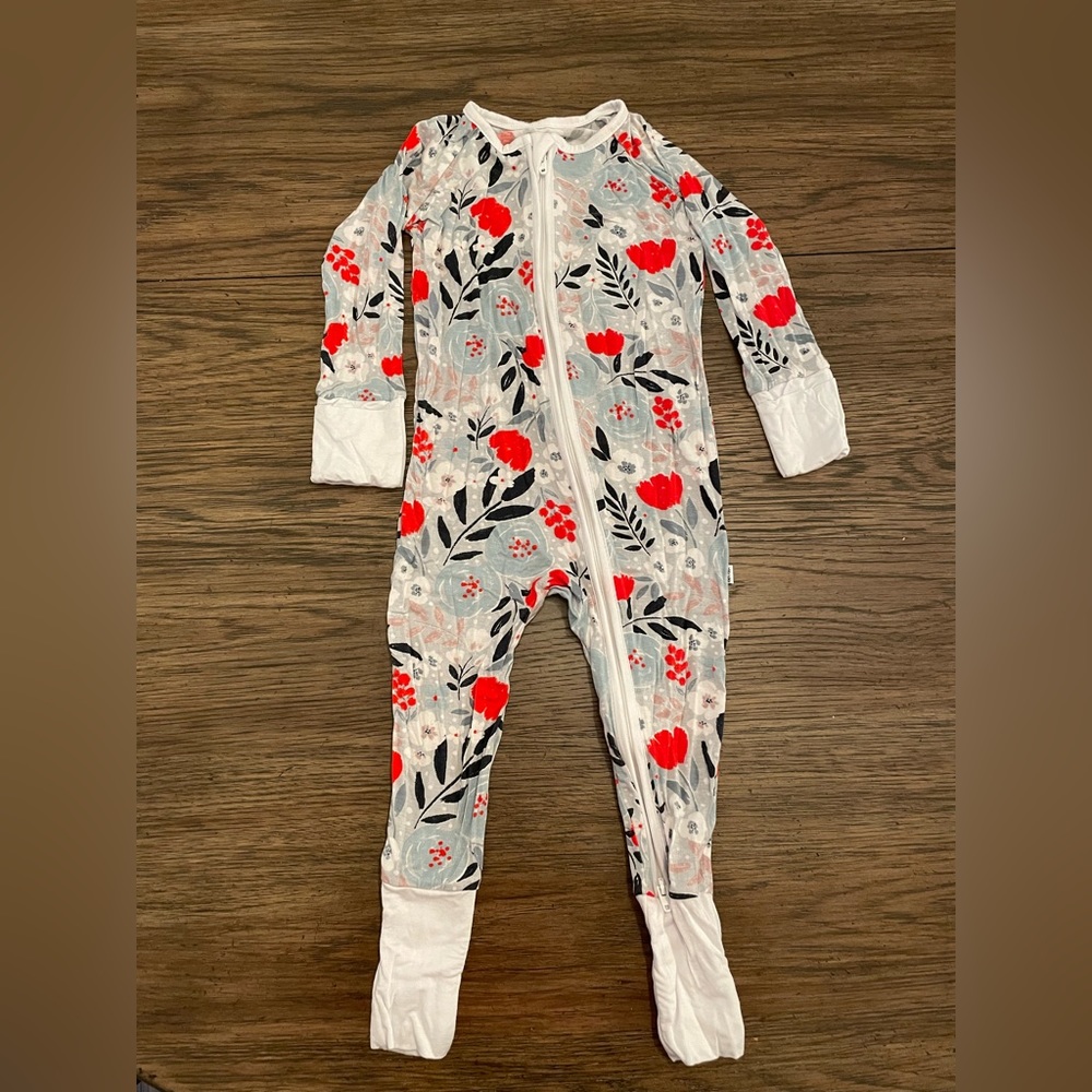 Little Sleepies 6-12 Month One Piece Zippie Grey White Red Floral.